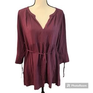 Motherhood Maternity Women's Purple Maroon Waist Tie V-Neck Blouse Sz L